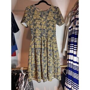Lularoe Amelia Dress Geometric‎ Blue Yellow Honeycomb Stripe With Pockets! 😍